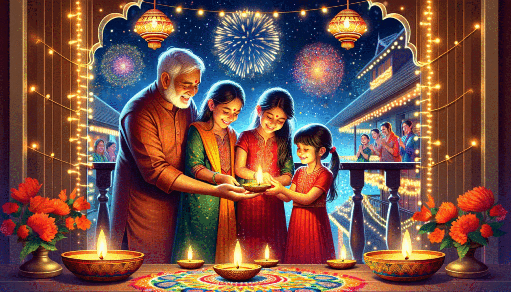"Family celebrating Diwali together, enjoying the joy and unity of an Indian festival."