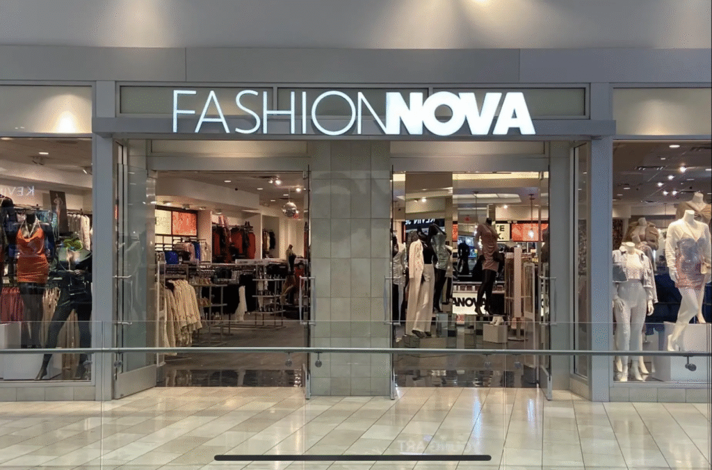 "Fashion Nova store entrance with stylish signage and welcoming display at the gates"